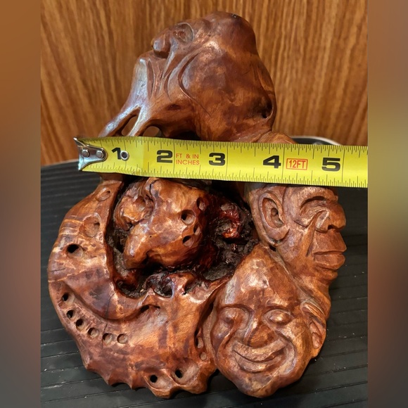 Vintage ( LIKE,Netsuke Chinese Boxwood) 3 Faces Burl Wood Hand Carved Sculpture - Picture 10 of 10